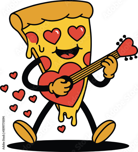 A charming pizza slice serenades with a guitar surrounded by hearts on transparent background high quality professional detailed modern elegant stylish clean crisp vibrant colorful digital