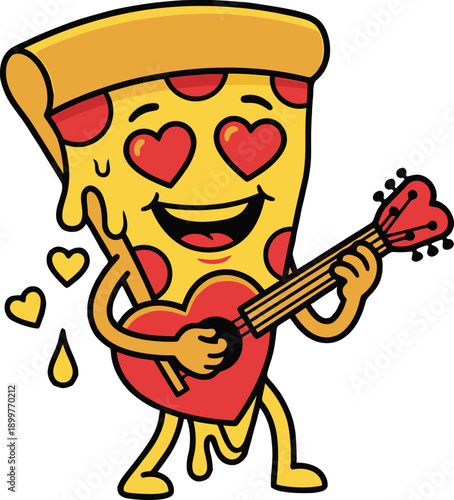A cheerful pizza slice serenades with a guitar hearts floating around it on transparent background high quality professional detailed modern elegant stylish clean crisp vibrant colorful