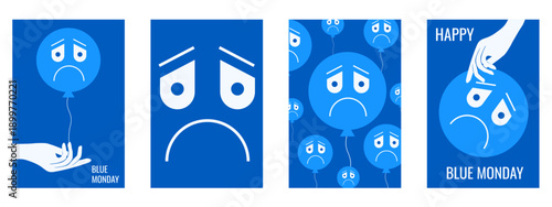 Blue Monday vertical vector poster set. Sad smile face air balloon and hand isolated blue background. EPS 10