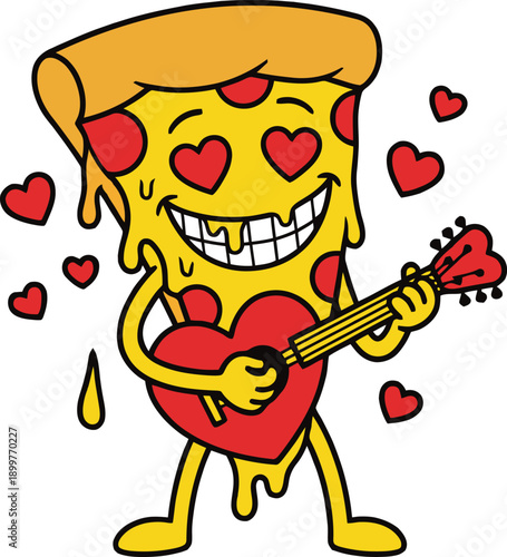 A cheerful pizza slice character serenades with a guitar and hearts on transparent background high quality professional detailed modern elegant stylish clean crisp vibrant colorful digital