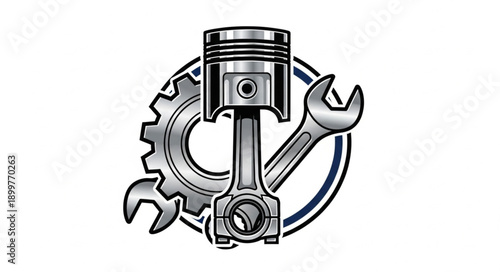 Automotive Piston and Wrench with Gear Illustration.