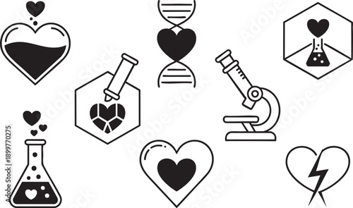 Medical science heart beaker microscope dna and broken heart symbols line art