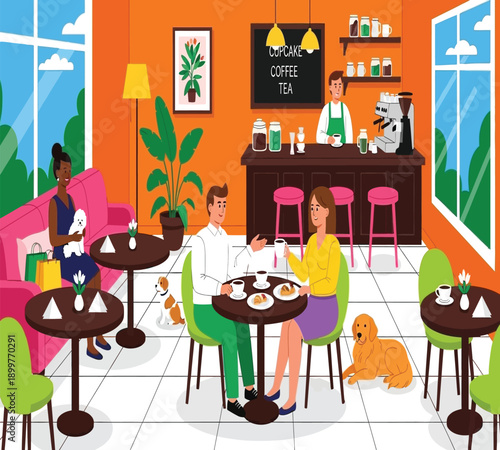 Couple enjoying coffee and dessert in a vibrant cafe