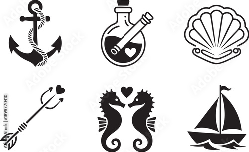 Nautical and romantic silhouette icons with anchor, potion bottle, seashell, arrow, seahorses, and sailboat