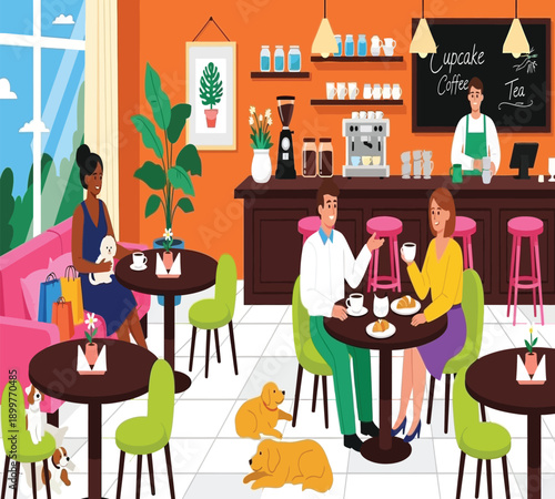 Cozy coffee shop scene with customers and barista