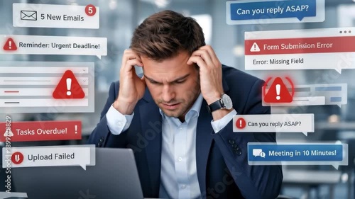 Young Caucasian man in a blue suit experiences stress while working on a laptop surrounded by urgent notifications and alerts in a modern office setting, conveying a sense of overwhelming pressure