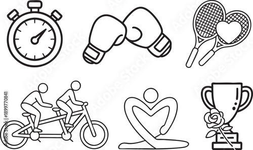 Sports icons set stopwatch boxing gloves tennis racket bicycle and trophy symbol