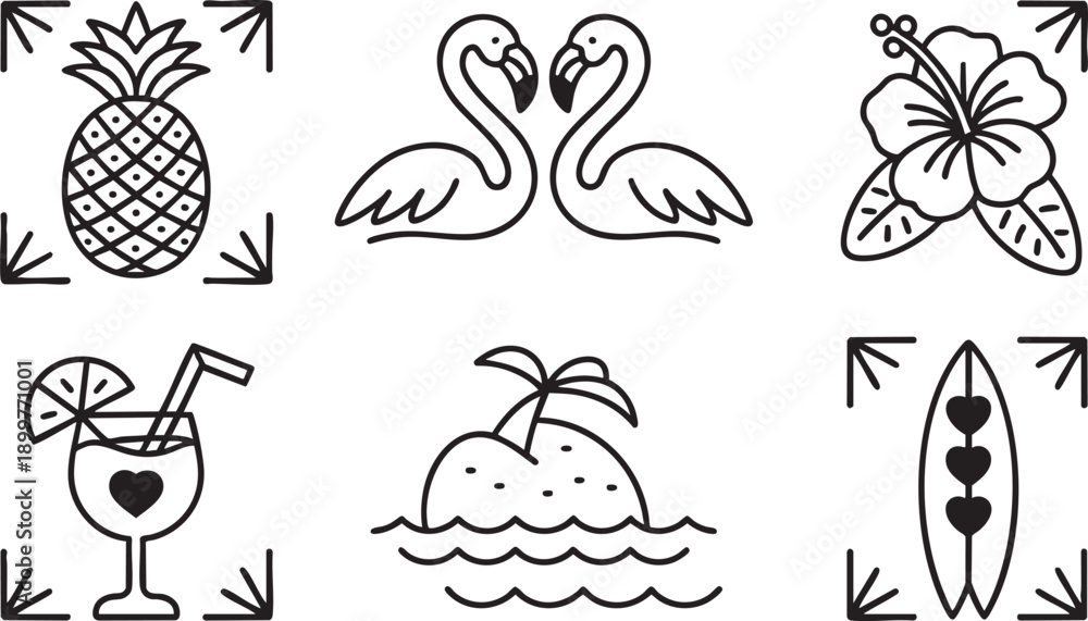 Obraz premium Tropical icons set pineapple flamingos hibiscus drink island surfboard