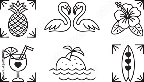 Tropical icons set pineapple flamingos hibiscus drink island surfboard