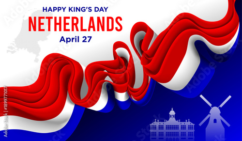 Netherlands National Day Background with Red White Blue Ribbon and Amsterdam Landmarks