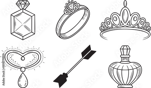 Vector set of vintage jewelry and perfume bottle sketch on checkered background