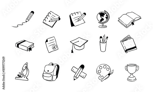 Hand drawn education icons with books, pencil, and school tools. Suitable for back to school poster