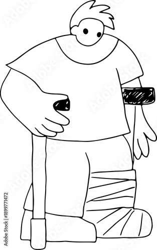 A young man with an injured leg in a cast and standing on crutches in memphis style, full size, hand drawn with black, curved grunge lines