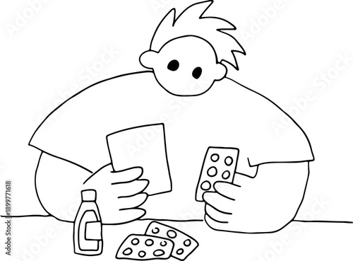 A young man sits at a table looking at a doctor's prescription and holding a pack of pills in memphis style, hand drawn with black, curved grunge lines