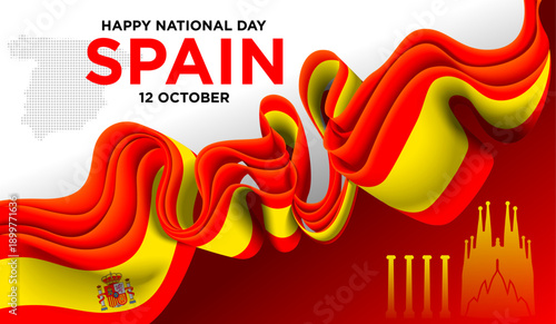 Spain National Day Background with Red Yellow Ribbon and Spanish Landmarks