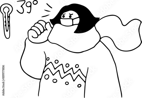 A woman with a high temperature and cough wearing a scarf and a thick sweater in memphis style, hand drawn with black, curved grunge lines