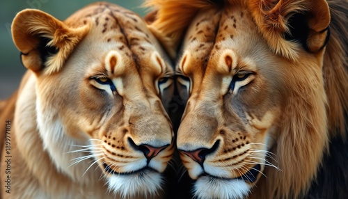 Two lions cuddle closely together, their faces touching in peaceful intimacy. Male has prominent mane, while female spotted fur is visible. They appear relaxed and content in this tender moment.
