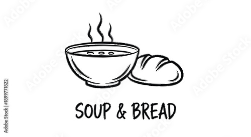 Vector illustration of steaming bowl of soup and bread, for menu or recipe, isolated on transparent background, png