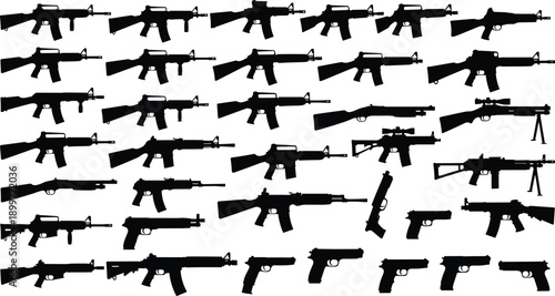 Military Firearms Silhouette Set Vector Illustration Featuring Rifles, Assault Weapons, Pistols, and Tactical Guns in Detailed Black Monochrome Style