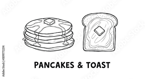 Vector illustration of pancakes and toast with butter, breakfast food icons, for menu or recipe use, Isolated on transparent background, png