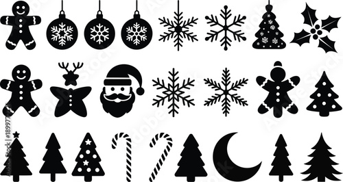 Monochrome vector Christmas icon set featuring gingerbread men, snowflakes, Santa Claus, candy canes, and pine trees isolated on transparent background.