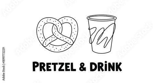 Vector illustration of pretzel and disposable cup with drink, for food or beverage marketing, isolated on transparent background, png