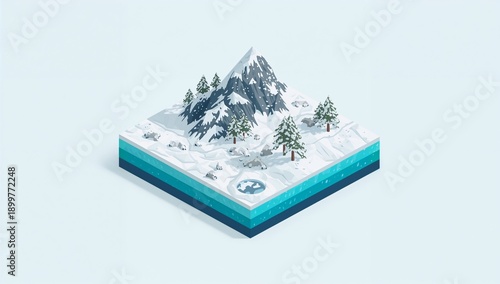 Winter Scene With Mountain, Trees, and Snow on a Light Blue Background in a S...