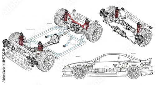 Automotive Suspension System Diagram and Sports Car Illustration.