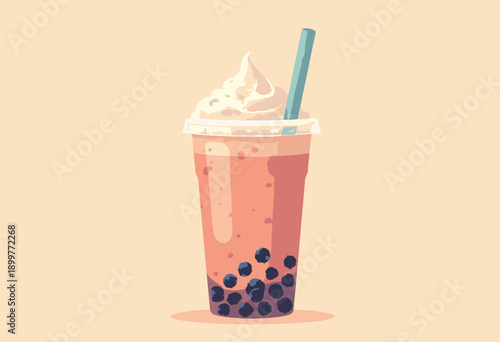Bubble Tea scoop holding black tapioca pearls Texture focus Flat