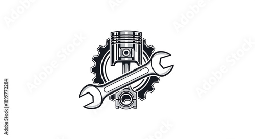 Automotive Piston Wrench and Gear Mechanical Illustration.