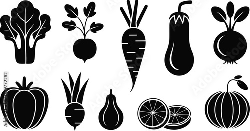Vector silhouette icons of various fresh vegetables and fruits including lettuce, beets, carrots, eggplant, pumpkin, pear, and sliced oranges, isolated on a transparent background.
