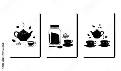 Cozy tea break cafe banner posters with teapots vector set