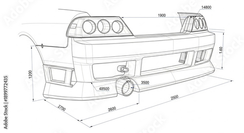 Automotive Rear Bumper Technical Drawing Blueprint.