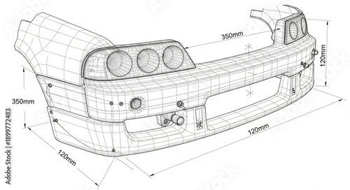 Automotive Rear Bumper Technical Drawing with Dimensions.
