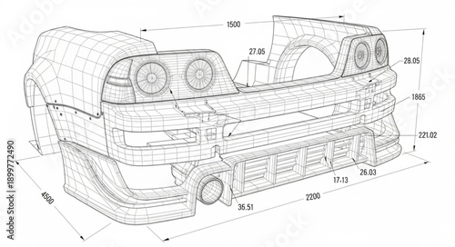 Automotive Rear Bumper Technical Drawing with Dimensions.
