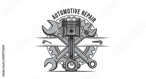 Automotive Repair Emblem with Piston and Wrenches.