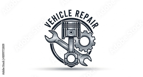 Automotive Repair Service Emblem with Piston and Wrenches.