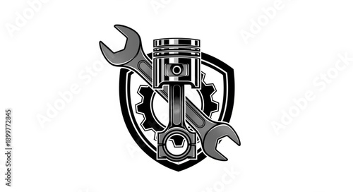 Automotive Repair Service Emblem with Piston Wrench and Gear.