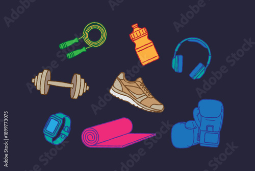 Various Sport equipment set. Fitness inventory, gym accessories. Dumbbells, fitness tracker, headphones, bottle, jump rope, shoes, mat, boxing gloves. Vector hand drawn Healthy lifestyle concept