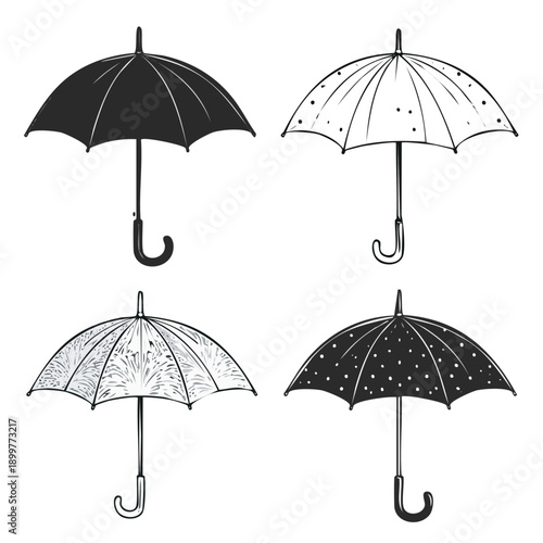 Four umbrellas and a parasol on a white background