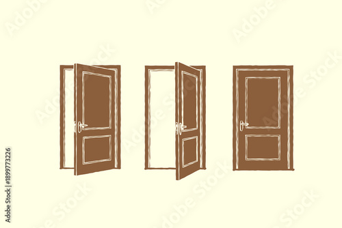 Front view of open, closed, slightly open, ajar Doors set. Opportunity, new possibilities, phobia, fear concept. Hand drawn Vector doodle illustration. Isolated design elements