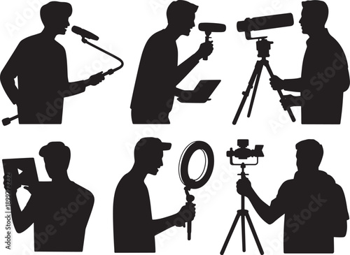 Professional Video Production and Photography Silhouette Vector Set with Camera Operators for Media and Content Creation Themes