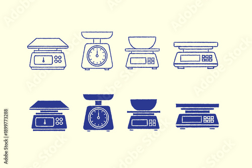 Scale weight icon doodle set. hand drawn Simple kitchen scales. Vector black outline and silhouette pictogram kitchen food weight tools in different shapes. Kilograms. Mass sign and symbol