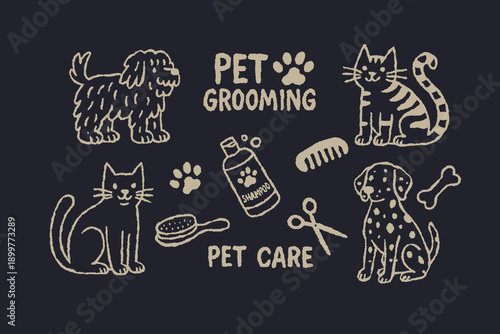 Set of pet grooming and care in retro doodle chalk style. vector hand drawn crayon Animals and supplies: dogs, cats, scissors, brushes, paws, shampoo. funky, trendy sticker template