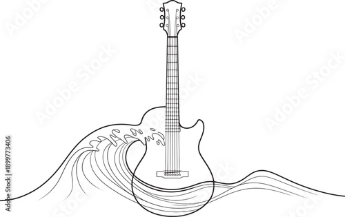 Guitar and Ocean Wave Line Art Vector Illustration for Music Festivals Surfing and Creative Artistic Branding Projects
