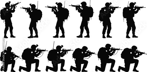 Soldier Combat Pose Silhouette Set Vector Illustration Featuring Armed Infantry in Standing and Kneeling Tactical Positions with Rifles in Black Monochrome Style