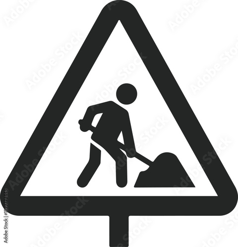 Road work ahead warning sign icon with man shoveling dirt