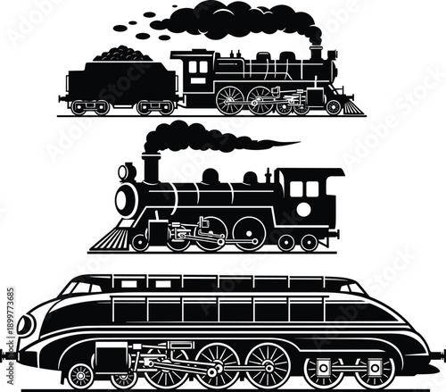 Vintage steam locomotive silhouette collection featuring classic railway trains, historic transportation engines and retro rail travel illustrations isolated on white background