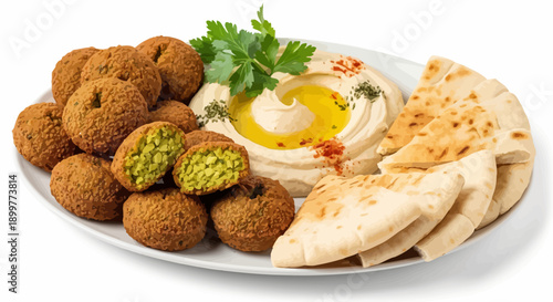 A vibrant plate of falafel hummus pita bread and fresh parsley