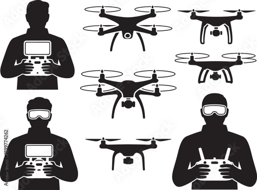 UAV Operators and Drone Technology Silhouette Vector Collection for Modern Security Agriculture and Media Content
